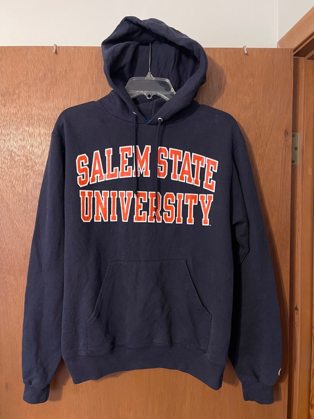 Champion Navy Hoodie with Orange & White Salem State University Logo